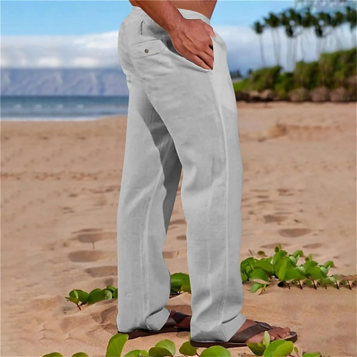 Linen Pants for Men Loose Fit Elastic Drawstring Waist Lounge Beach Pants Summer Casual Straight Leg Dress Trousers