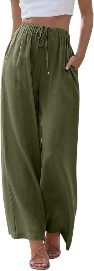Linen Pants Women Casual Wide Leg Pants Flowy Palazzo Pants Drawstring Waisted Pants with Pockets Beach Trousers