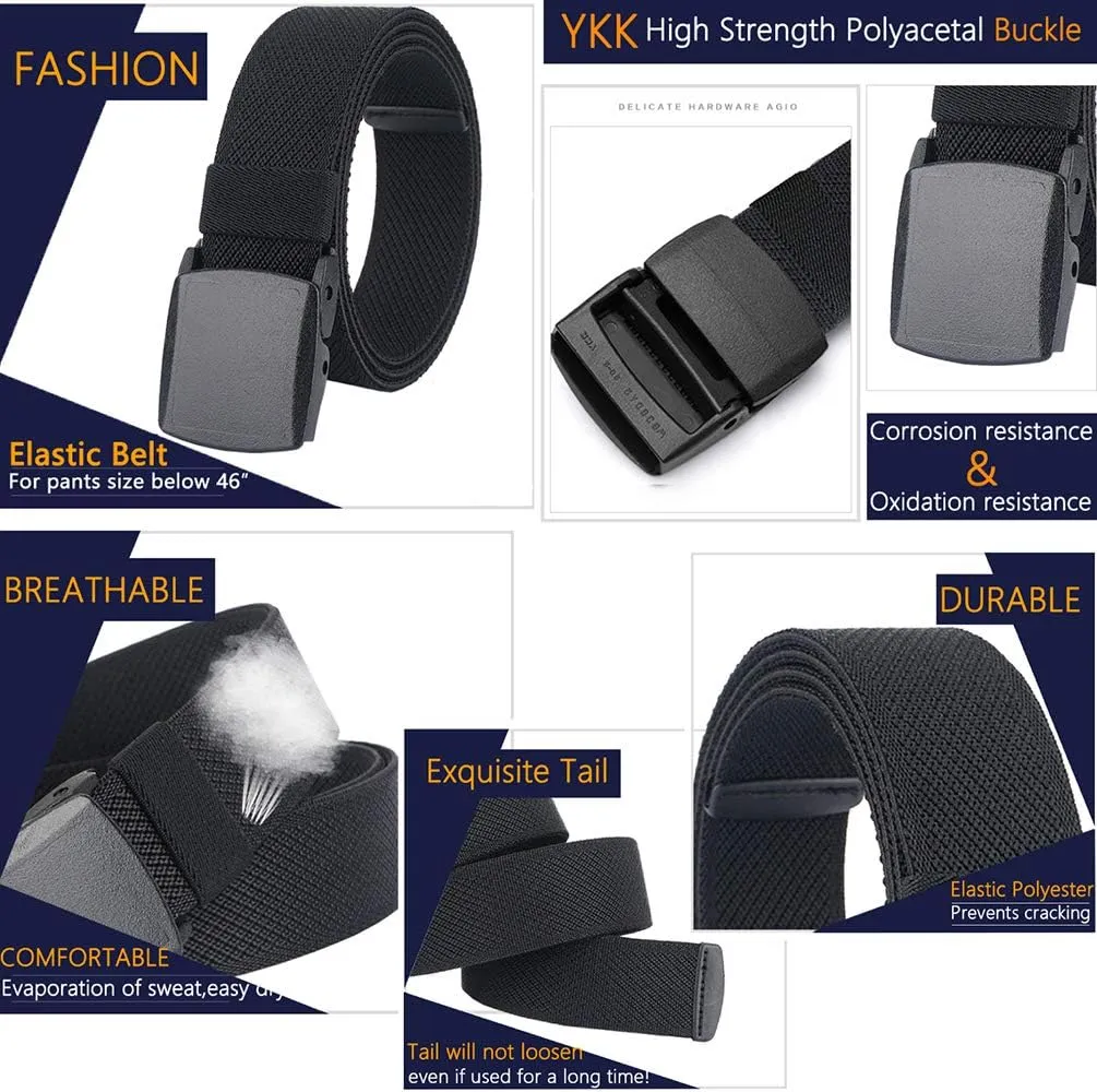 LionVII Elastic Belts for Men - Stretch Canvas No Metal Plastic Buckle for Work Sports - Adjustable Trim to Fit 28-45" Waist