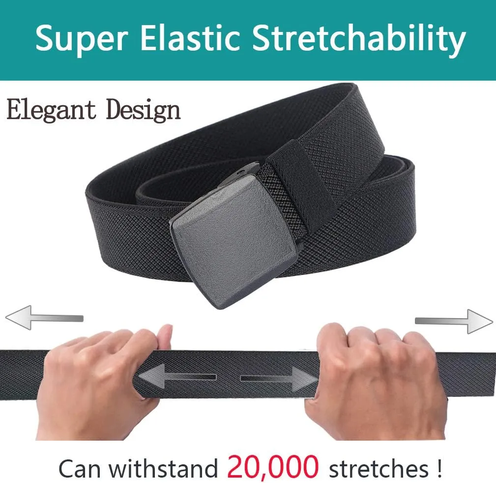LionVII Elastic Belts for Men - Stretch Canvas No Metal Plastic Buckle for Work Sports - Adjustable Trim to Fit 28-45" Waist