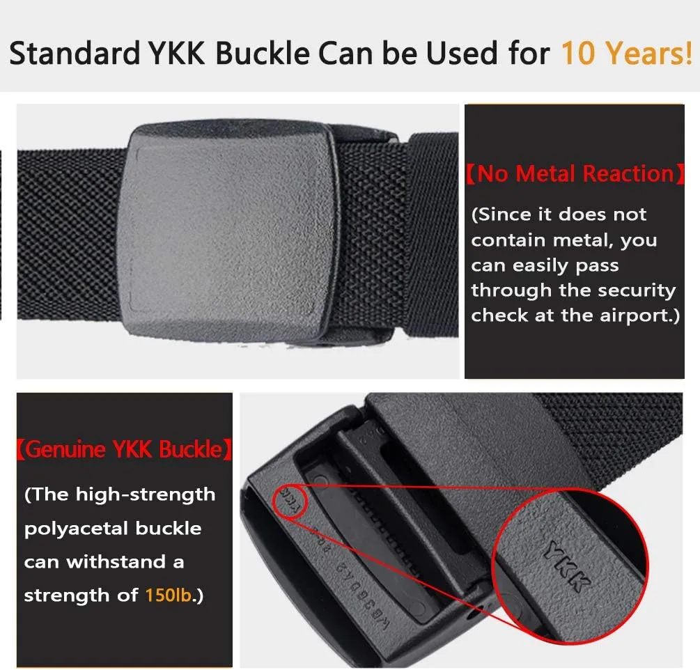 LionVII Elastic Belts for Men - Stretch Canvas No Metal Plastic Buckle for Work Sports - Adjustable Trim to Fit 28-45" Waist