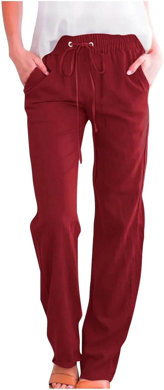 Lmdudan 2025 Cotton Linen Pants for Women Straight Leg Drawstring Long Trousers Loose Elastic Waist Work Pants with Pockets