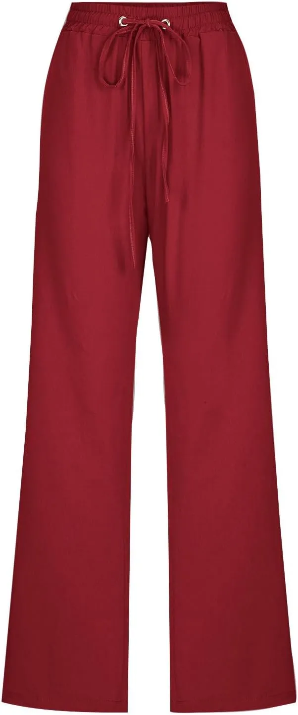 Lmdudan 2025 Cotton Linen Pants for Women Straight Leg Drawstring Long Trousers Loose Elastic Waist Work Pants with Pockets