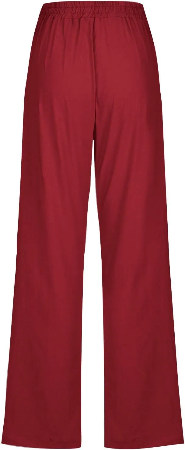 Lmdudan 2025 Cotton Linen Pants for Women Straight Leg Drawstring Long Trousers Loose Elastic Waist Work Pants with Pockets