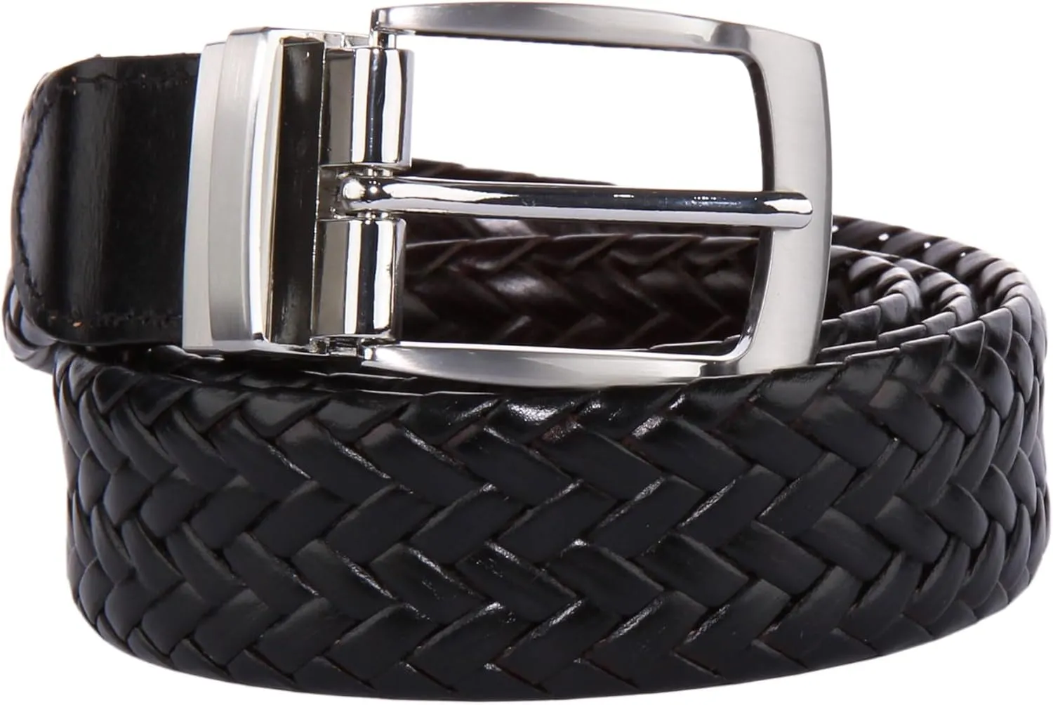 London Men’s Reversible Woven Full Grain Leather Belt 1.3", Casual Belt with Anti-Scratch Zinc-Alloy Buckle (Black & Brown, Size 38, Waist 36")
