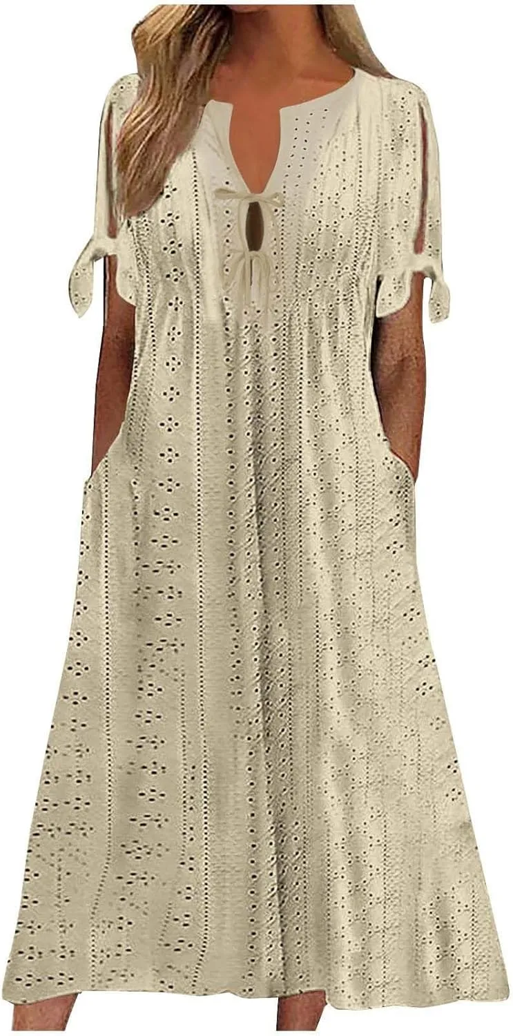 Long Maxi Long Dresses for Women 2025 Trendy Short Sleeve Eyelet Tshirt Dress Casual Summer Beach Vacation Sundresses