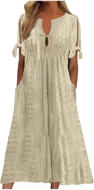 Long Maxi Long Dresses for Women 2025 Trendy Short Sleeve Eyelet Tshirt Dress Casual Summer Beach Vacation Sundresses