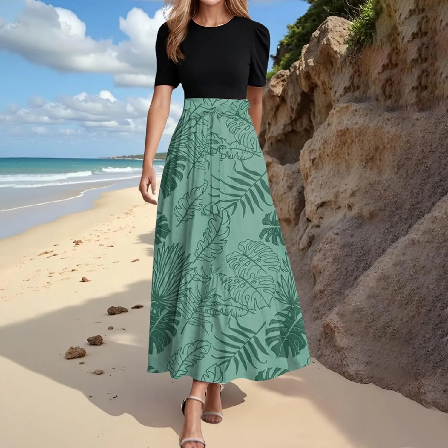 Long Summer Dresses for Womentie Belted Patchwork Ruffle Hem A Line Maxi Dress Crewneck Short Sleeve Vacation Clothes