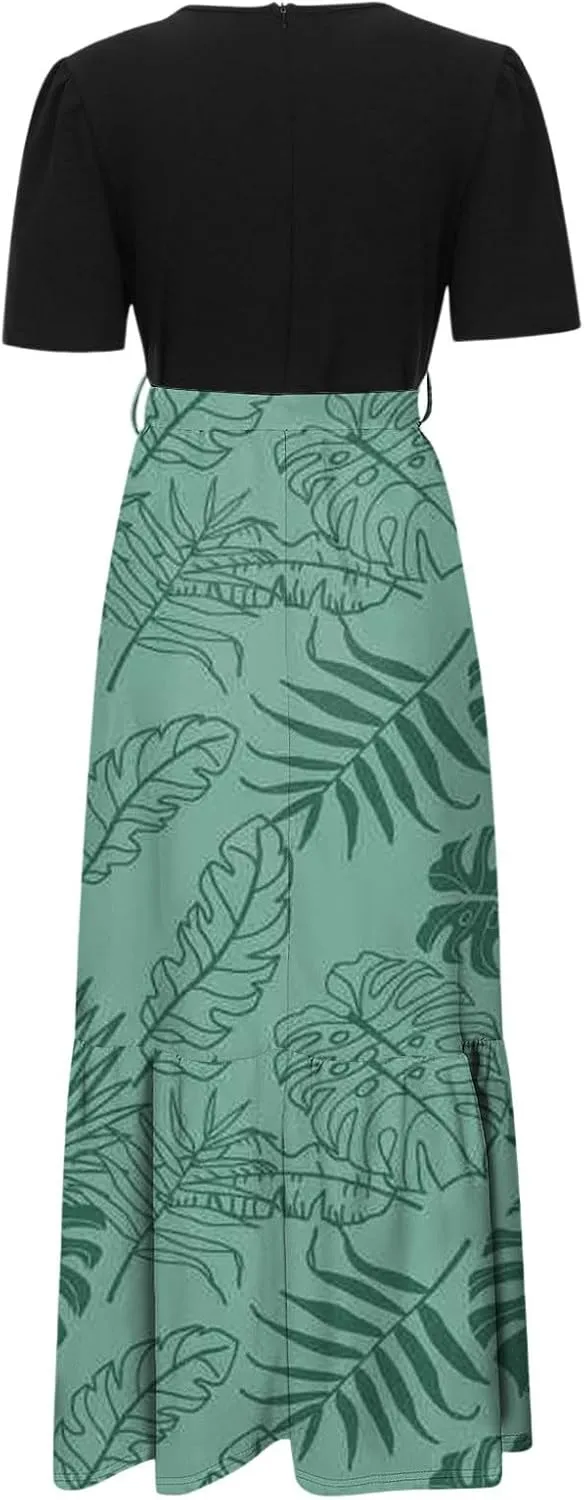 Long Summer Dresses for Womentie Belted Patchwork Ruffle Hem A Line Maxi Dress Crewneck Short Sleeve Vacation Clothes