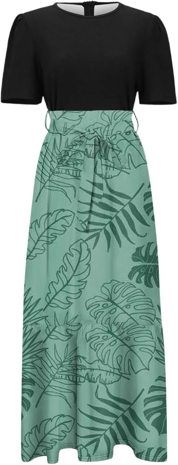 Long Summer Dresses for Womentie Belted Patchwork Ruffle Hem A Line Maxi Dress Crewneck Short Sleeve Vacation Clothes