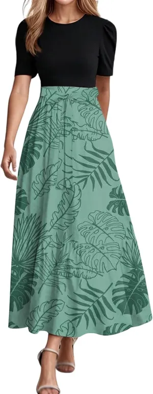 Long Summer Dresses for Womentie Belted Patchwork Ruffle Hem A Line Maxi Dress Crewneck Short Sleeve Vacation Clothes