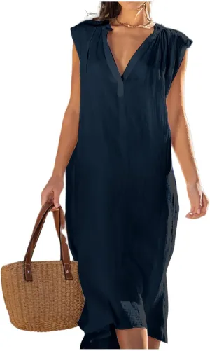 Loose Sleeveless Cotton Dress Linen V-Neck Summer Beach Maxi Dresses Solid Boho Flowy Vacation Travel Swing Dresses