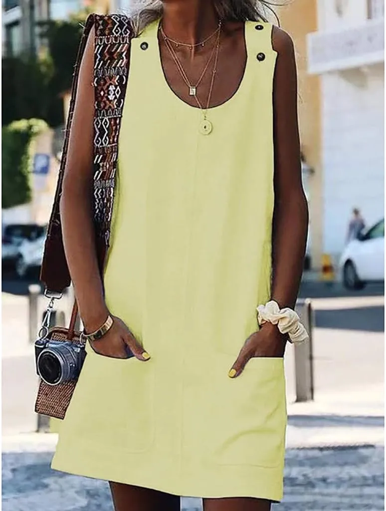 Loose V Neck Sleeveless Sundresdes Cotton Dresses Casual Plain Daily Neck Dresses Women Crew Women's Dress Cotton