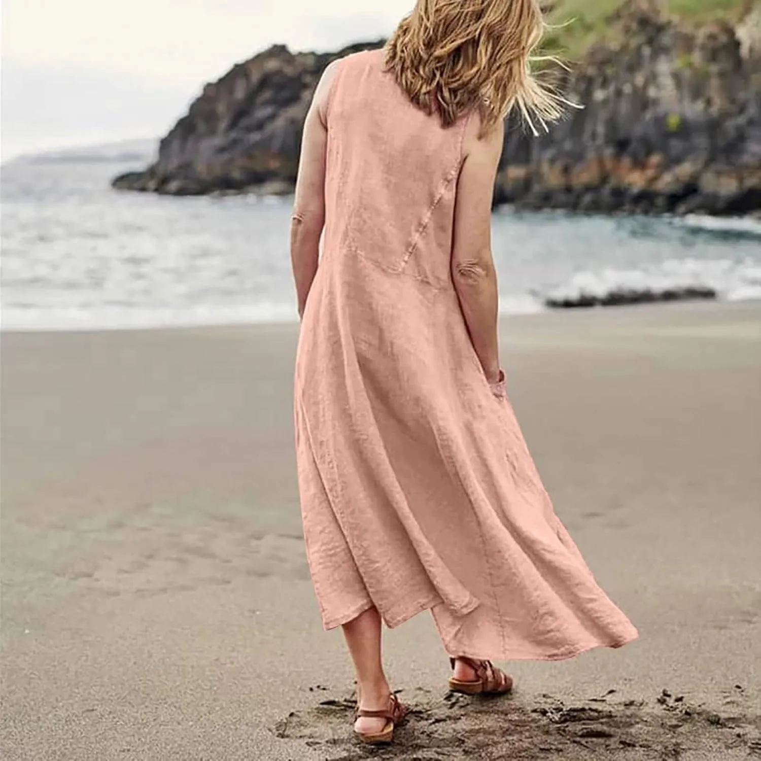 Maxi Dress for Women Linen Dress Summer Sun Dresses 2025 Sleeveless Swing Casual Long Formal with Pockects