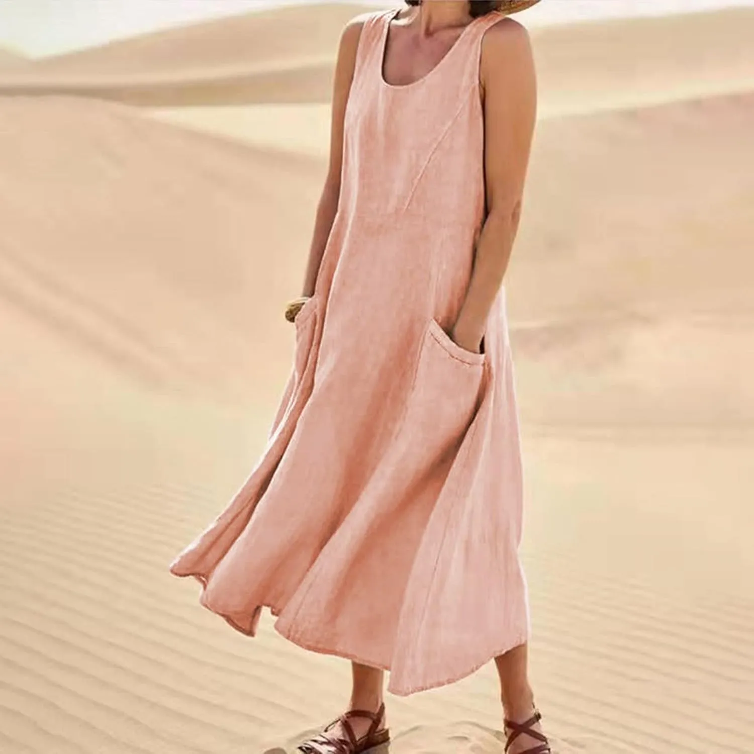 Maxi Dress for Women Linen Dress Summer Sun Dresses 2025 Sleeveless Swing Casual Long Formal with Pockects