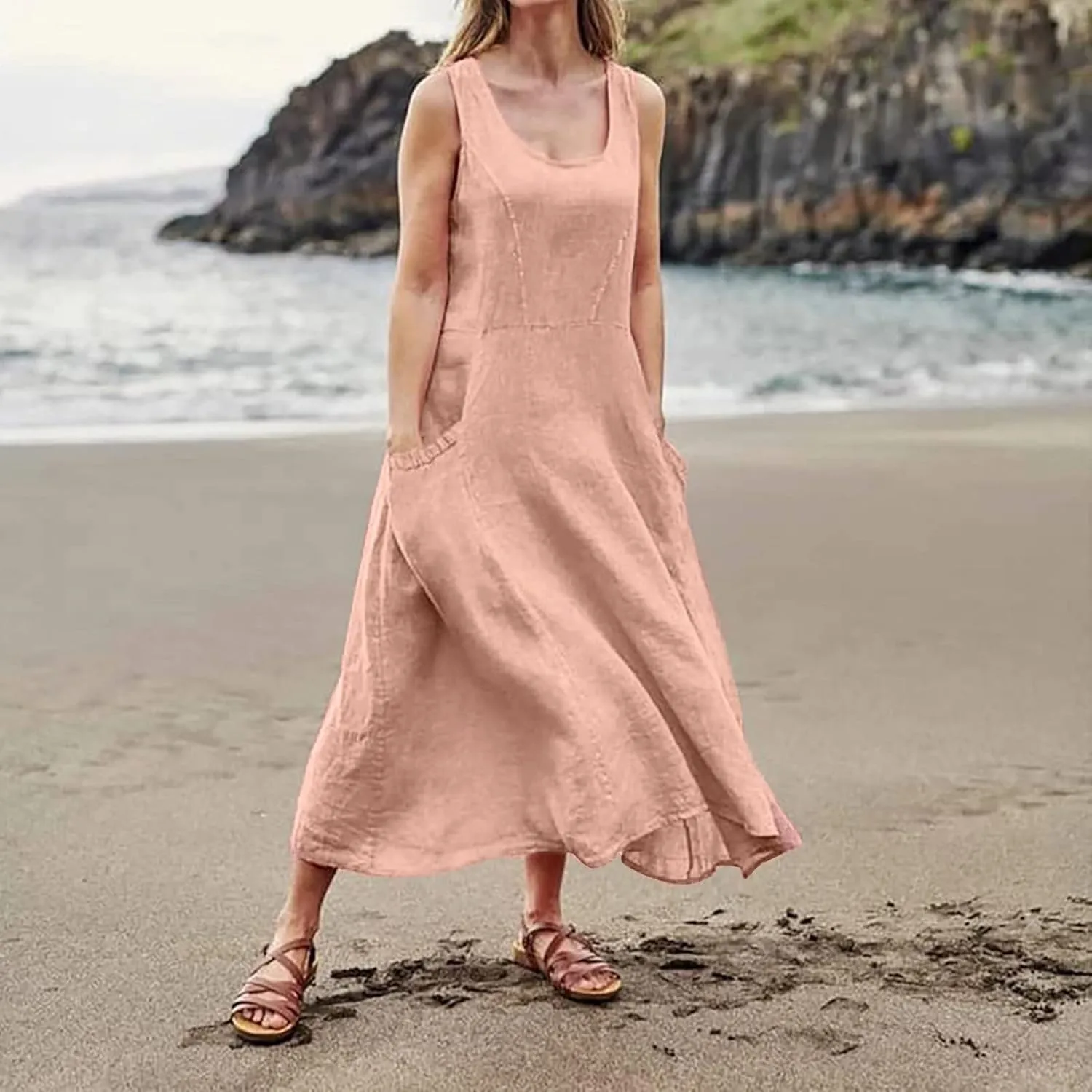 Maxi Dress for Women Linen Dress Summer Sun Dresses 2025 Sleeveless Swing Casual Long Formal with Pockects