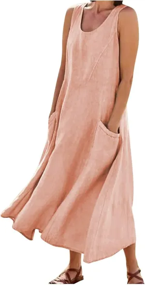 Maxi Dress for Women Linen Dress Summer Sun Dresses 2025 Sleeveless Swing Casual Long Formal with Pockects