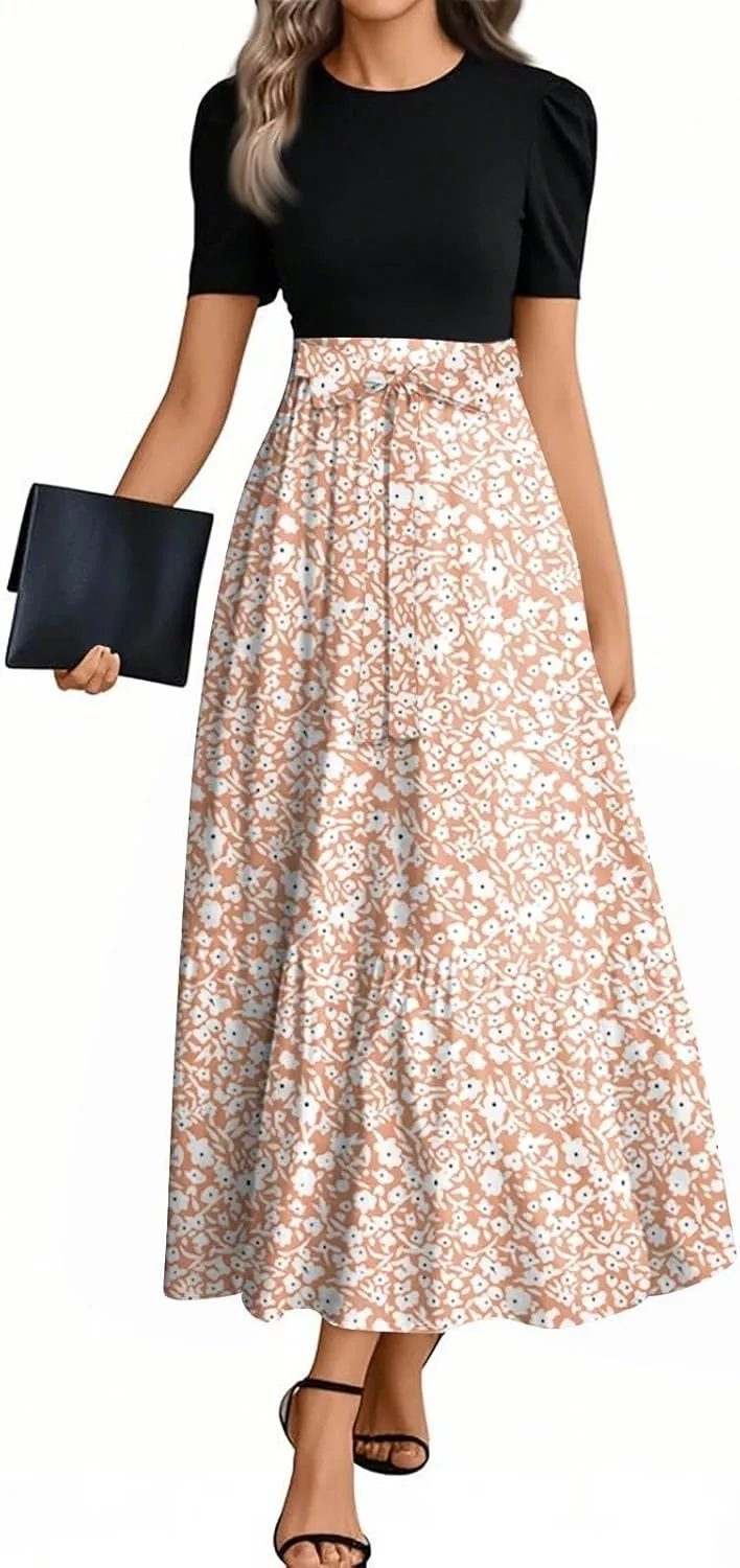 Maxi Dresses for Women 2025- Casual Patchwork Tie Puff Sleeve Dress Summer Modest Elegant Church Wedding Guest Dresses