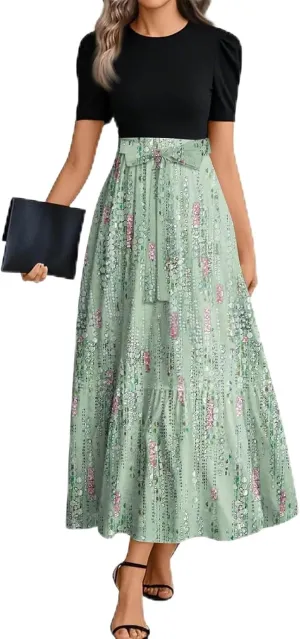 Maxi Dresses for Women 2025- Casual Patchwork Tie Puff Sleeve Dress Summer Modest Elegant Church Wedding Guest Dresses