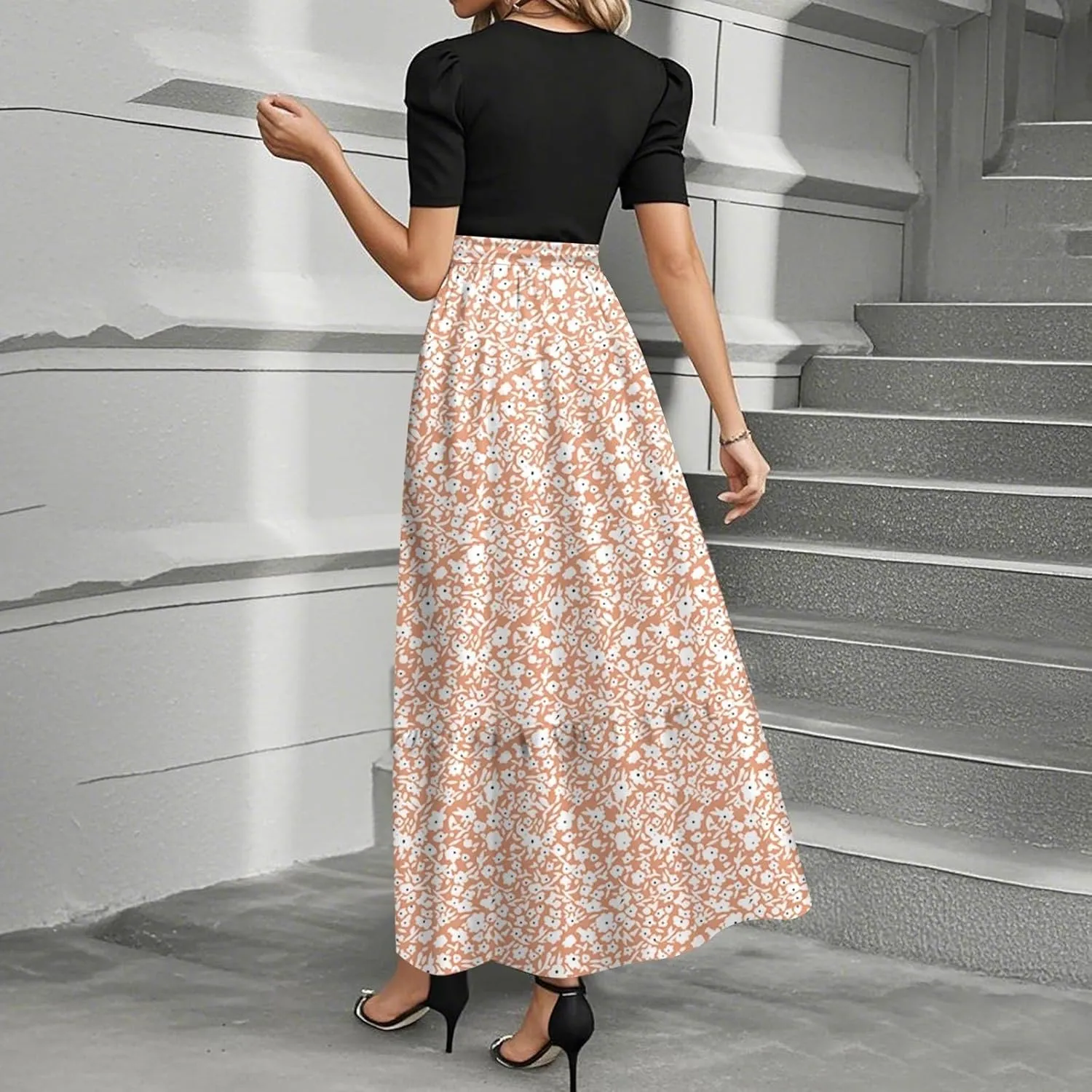 Maxi Dresses for Women 2025- Casual Patchwork Tie Puff Sleeve Dress Summer Modest Elegant Church Wedding Guest Dresses