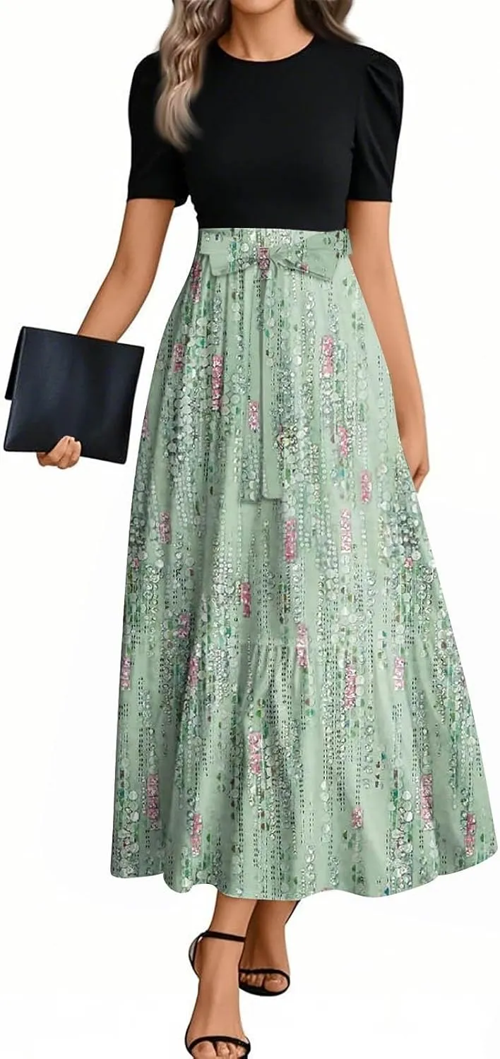 Maxi Dresses for Women 2025- Casual Patchwork Tie Puff Sleeve Dress Summer Modest Elegant Church Wedding Guest Dresses