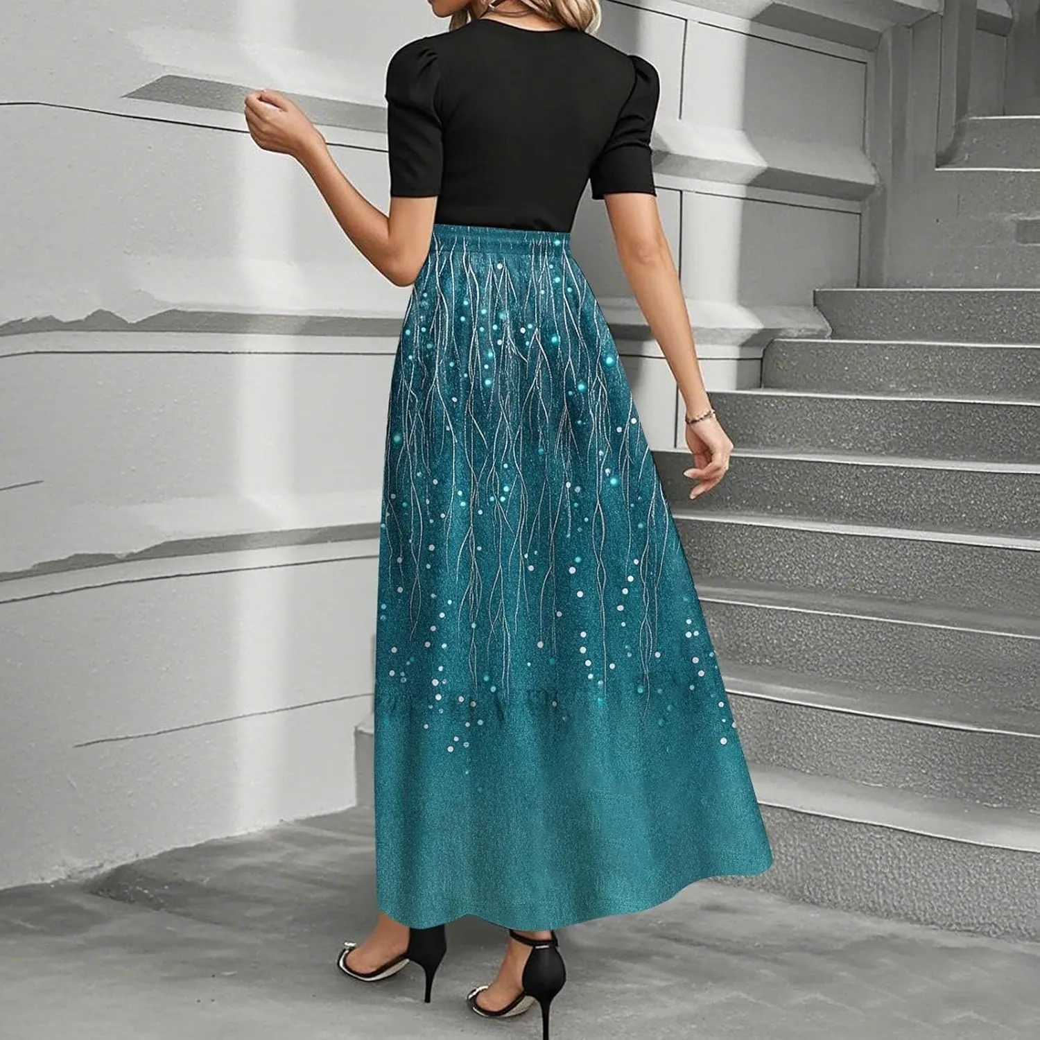 Maxi Dresses for Women 2025- Casual Patchwork Tie Puff Sleeve Dress Summer Modest Elegant Church Wedding Guest Dresses