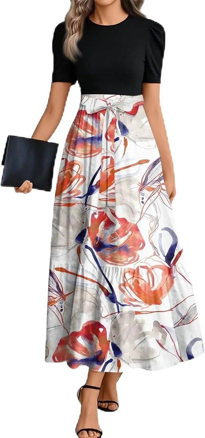 Maxi Dresses for Women 2025- Casual Patchwork Tie Puff Sleeve Dress Summer Modest Elegant Church Wedding Guest Dresses