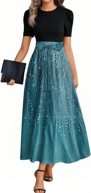 Maxi Dresses for Women 2025- Casual Patchwork Tie Puff Sleeve Dress Summer Modest Elegant Church Wedding Guest Dresses