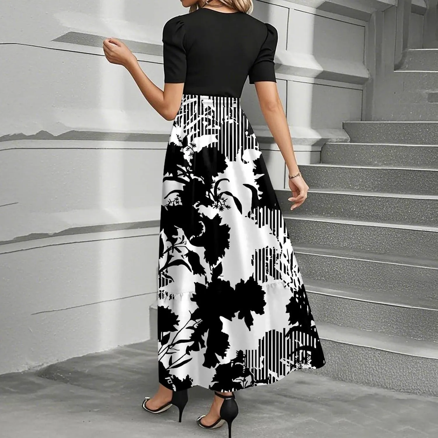 Maxi Dresses for Women 2025- Casual Patchwork Tie Puff Sleeve Dress Summer Modest Elegant Church Wedding Guest Dresses