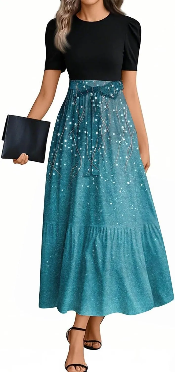 Maxi Dresses for Women 2025- Casual Patchwork Tie Puff Sleeve Dress Summer Modest Elegant Church Wedding Guest Dresses