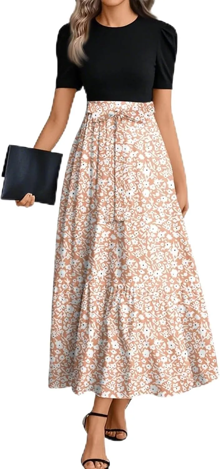 Maxi Dresses for Women 2025- Casual Patchwork Tie Puff Sleeve Dress Summer Modest Elegant Church Wedding Guest Dresses