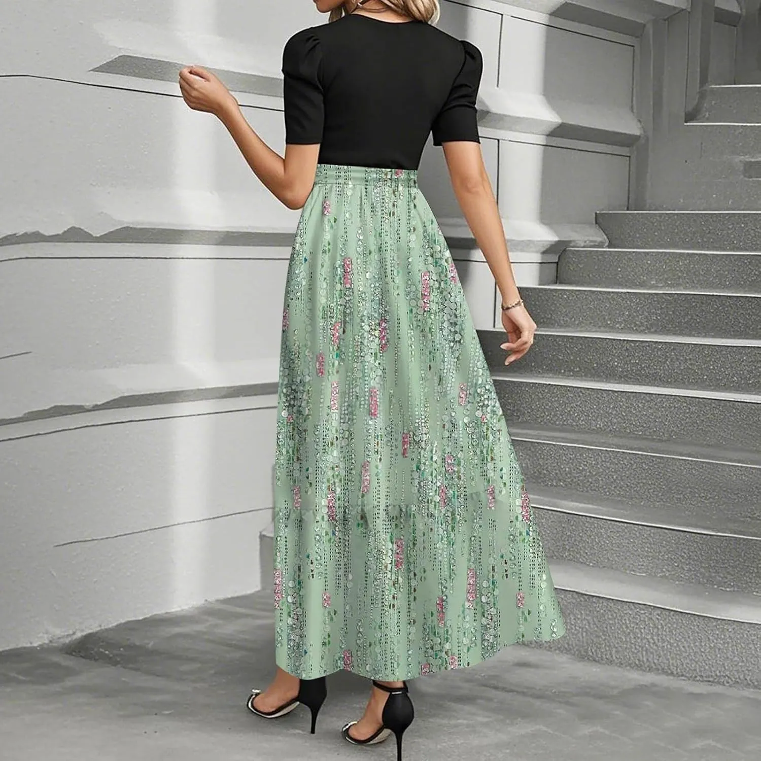 Maxi Dresses for Women 2025- Casual Patchwork Tie Puff Sleeve Dress Summer Modest Elegant Church Wedding Guest Dresses