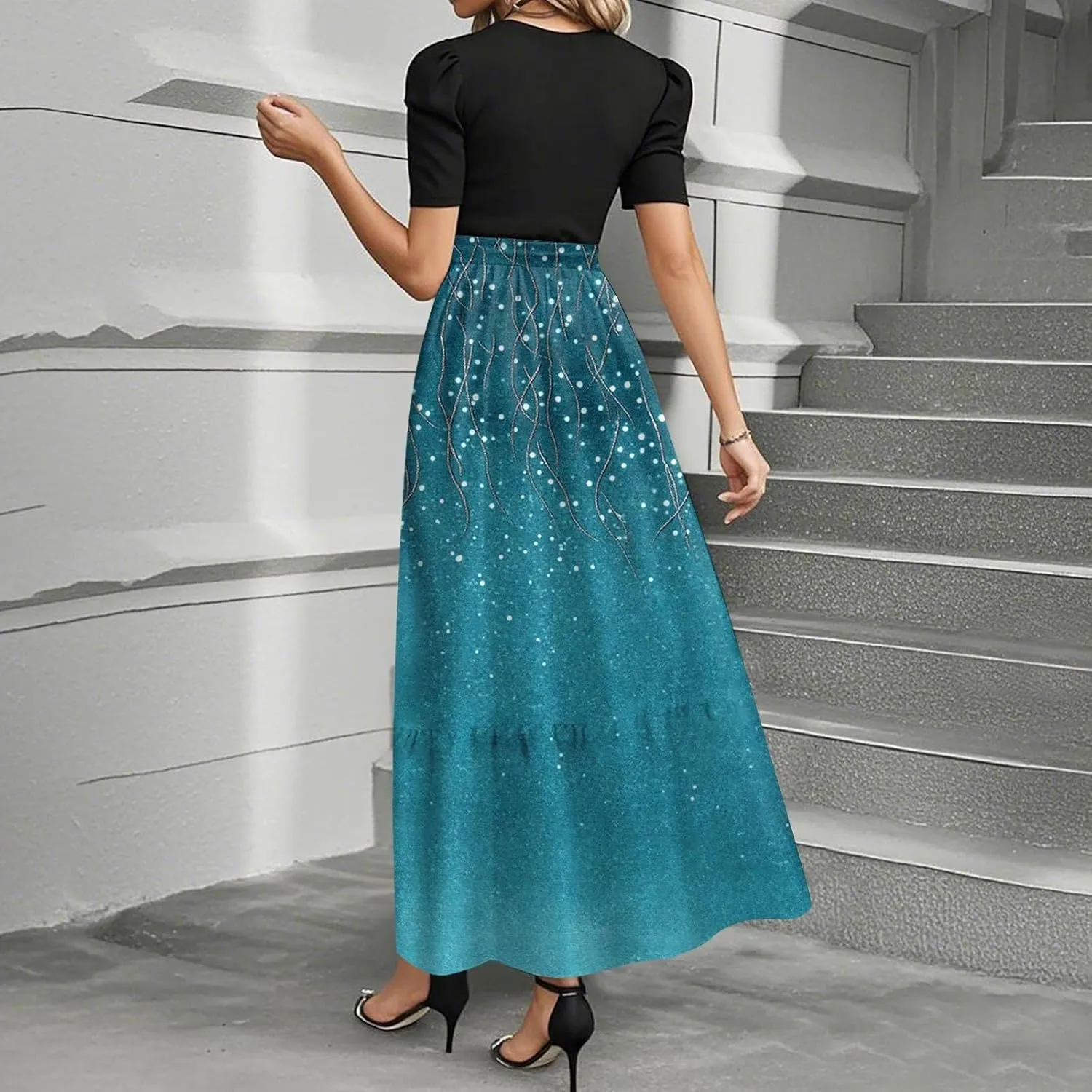 Maxi Dresses for Women 2025- Casual Patchwork Tie Puff Sleeve Dress Summer Modest Elegant Church Wedding Guest Dresses