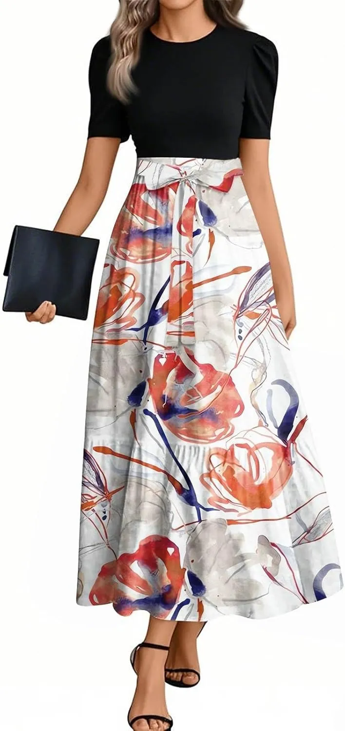Maxi Dresses for Women 2025- Casual Patchwork Tie Puff Sleeve Dress Summer Modest Elegant Church Wedding Guest Dresses