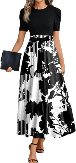 Maxi Dresses for Women 2025- Casual Patchwork Tie Puff Sleeve Dress Summer Modest Elegant Church Wedding Guest Dresses