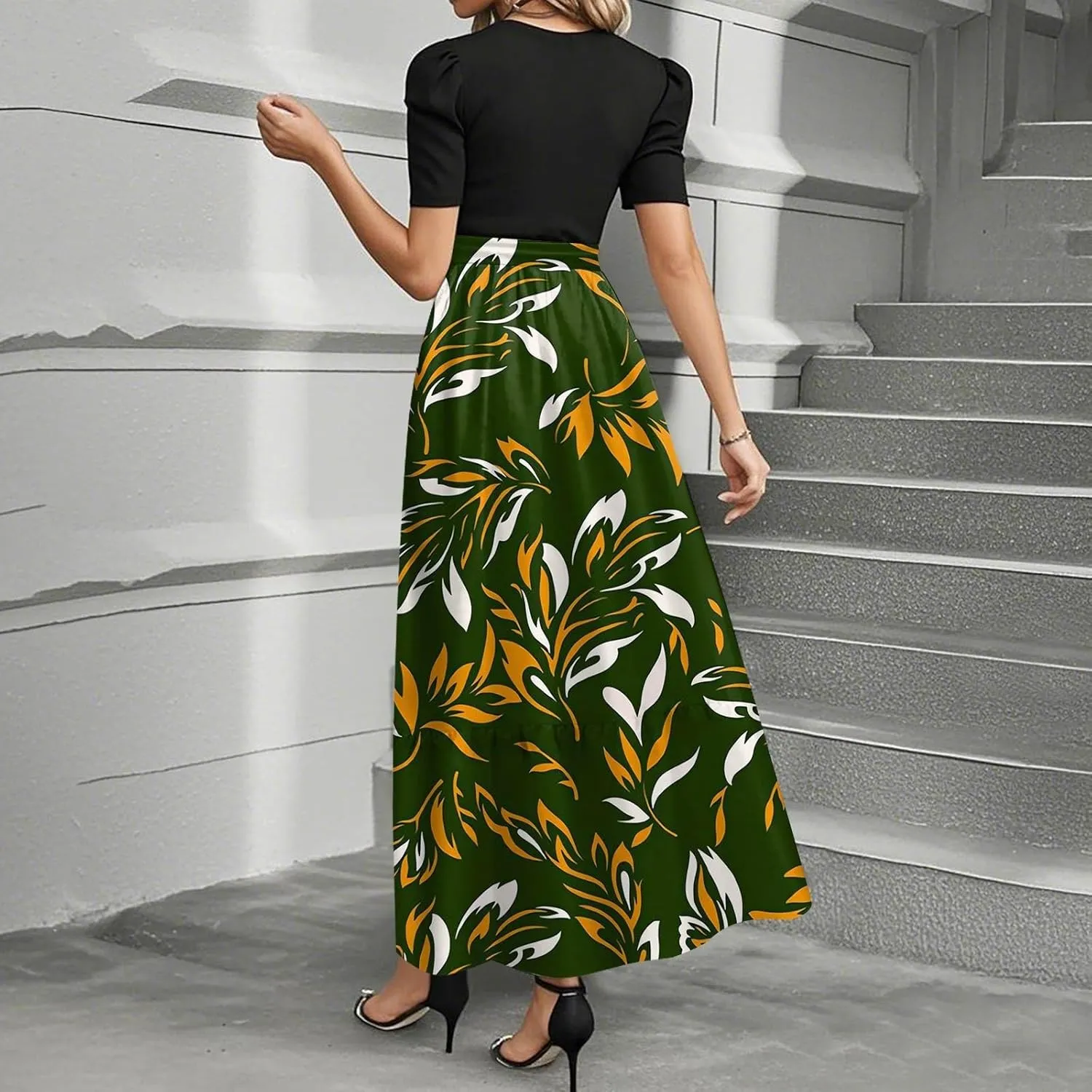 Maxi Dresses for Women 2025- Floral Print Wrap Short Sleeve Long Dresses Patchwork Ruffle Hem A Line Swing Dress