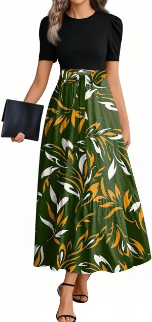 Maxi Dresses for Women 2025- Floral Print Wrap Short Sleeve Long Dresses Patchwork Ruffle Hem A Line Swing Dress