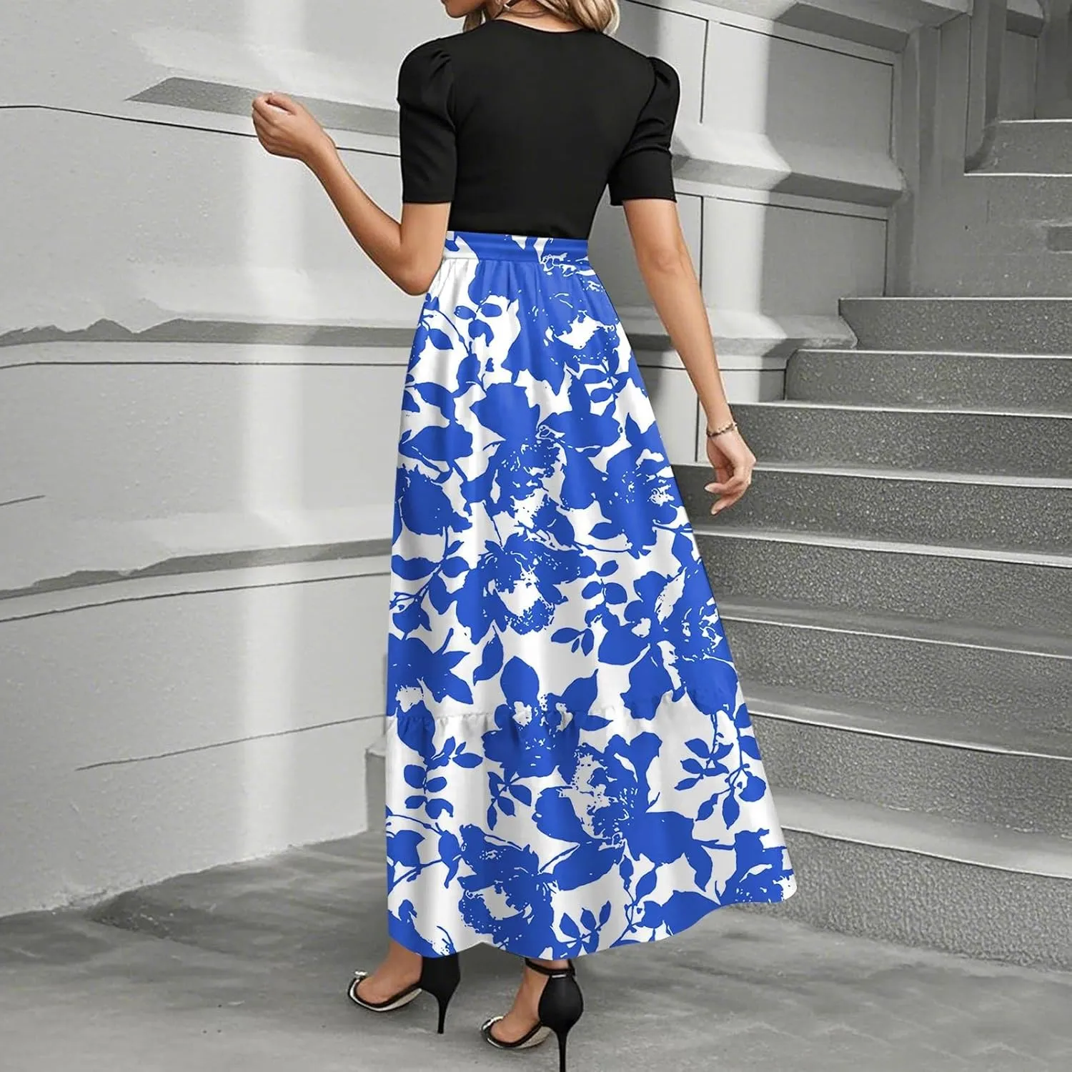 Maxi Dresses for Women 2025- Floral Print Wrap Short Sleeve Long Dresses Patchwork Ruffle Hem A Line Swing Dress