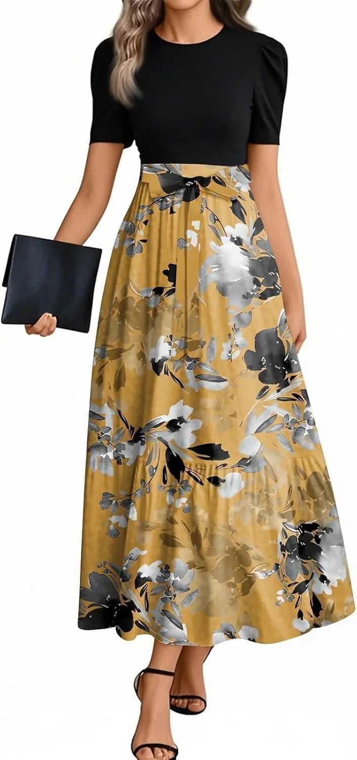 Maxi Dresses for Women 2025- Floral Print Wrap Short Sleeve Long Dresses Patchwork Ruffle Hem A Line Swing Dress