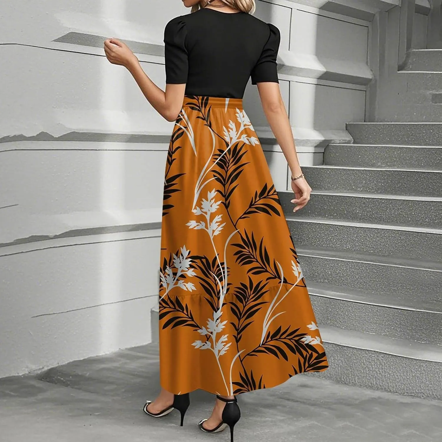 Maxi Dresses for Women 2025- Floral Print Wrap Short Sleeve Long Dresses Patchwork Ruffle Hem A Line Swing Dress
