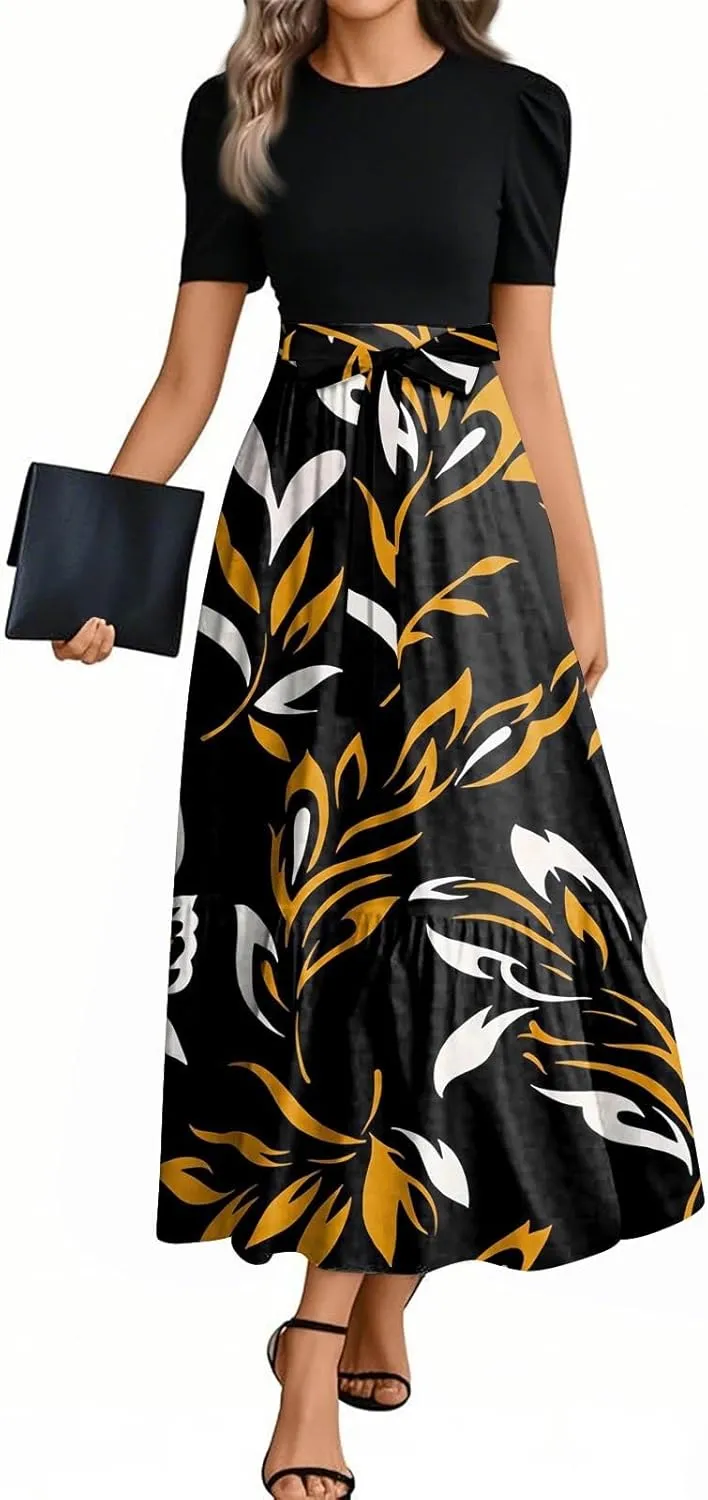 Maxi Dresses for Women 2025- Floral Print Wrap Short Sleeve Long Dresses Patchwork Ruffle Hem A Line Swing Dress