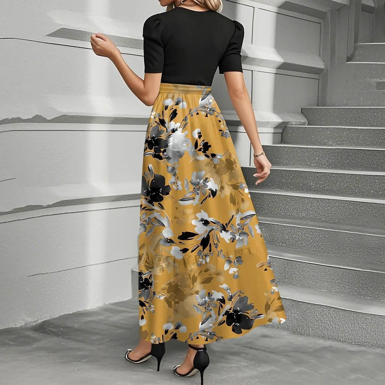 Maxi Dresses for Women 2025- Floral Print Wrap Short Sleeve Long Dresses Patchwork Ruffle Hem A Line Swing Dress