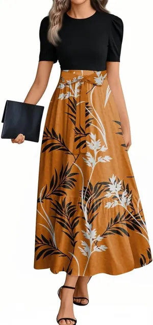 Maxi Dresses for Women 2025- Floral Print Wrap Short Sleeve Long Dresses Patchwork Ruffle Hem A Line Swing Dress