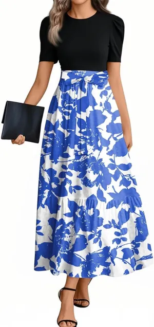 Maxi Dresses for Women 2025- Floral Print Wrap Short Sleeve Long Dresses Patchwork Ruffle Hem A Line Swing Dress