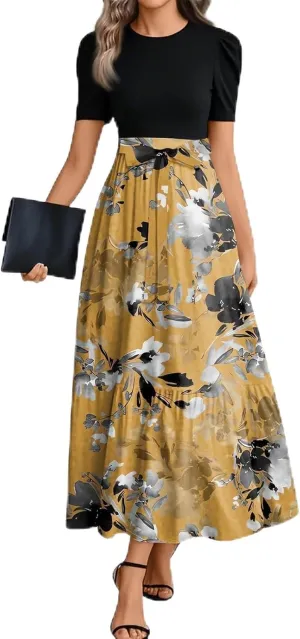 Maxi Dresses for Women 2025- Floral Print Wrap Short Sleeve Long Dresses Patchwork Ruffle Hem A Line Swing Dress