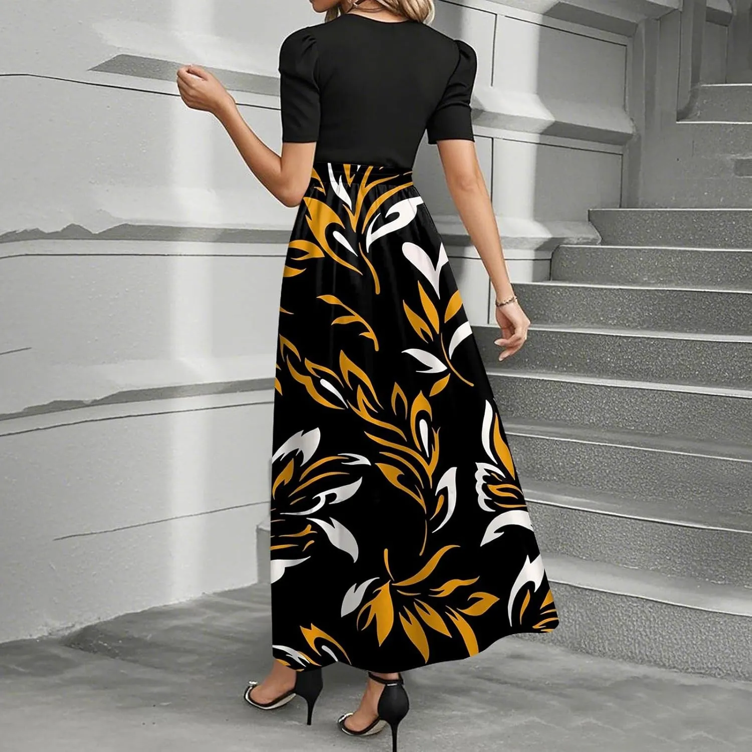 Maxi Dresses for Women 2025- Floral Print Wrap Short Sleeve Long Dresses Patchwork Ruffle Hem A Line Swing Dress