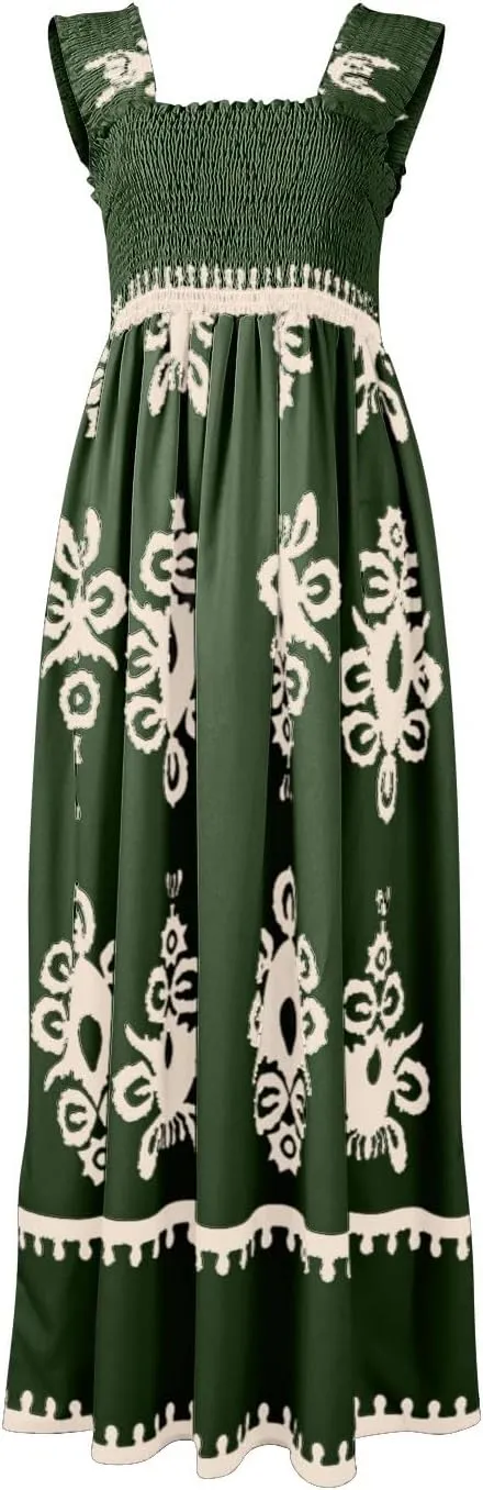 Maxi Dresses for Women 2025 Summer Square Neck Boho Dress Casual Sleeveless Floral Aline Smocked Beach Dresses