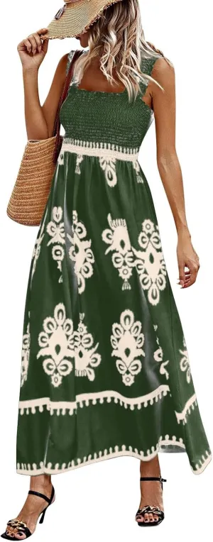 Maxi Dresses for Women 2025 Summer Square Neck Boho Dress Casual Sleeveless Floral Aline Smocked Beach Dresses