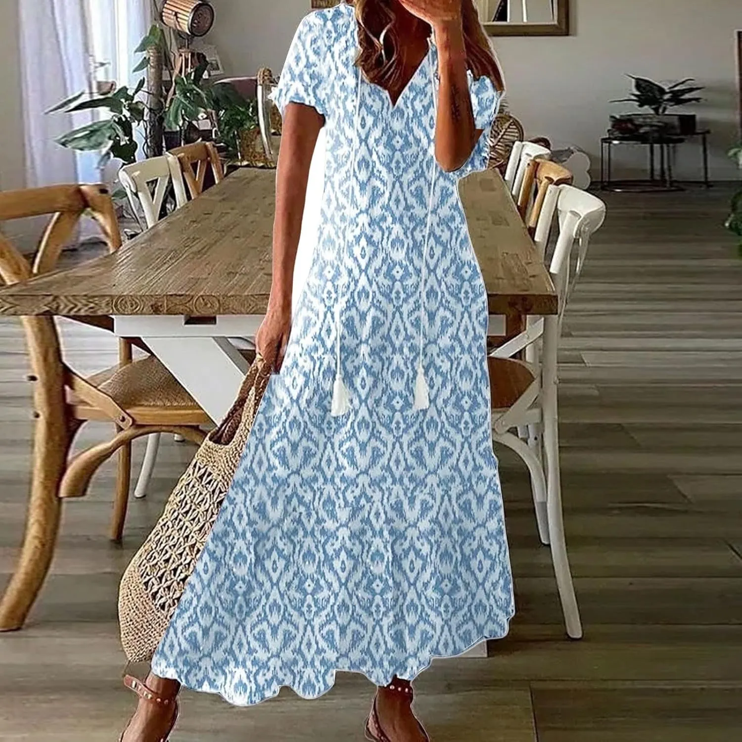 Maxi Dresses for Women 2025 V Neck Boho Floral Print Maxi Dresses Elegant Short Sleeve Beach Long Dress with Curved Hem