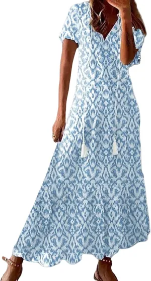 Maxi Dresses for Women 2025 V Neck Boho Floral Print Maxi Dresses Elegant Short Sleeve Beach Long Dress with Curved Hem